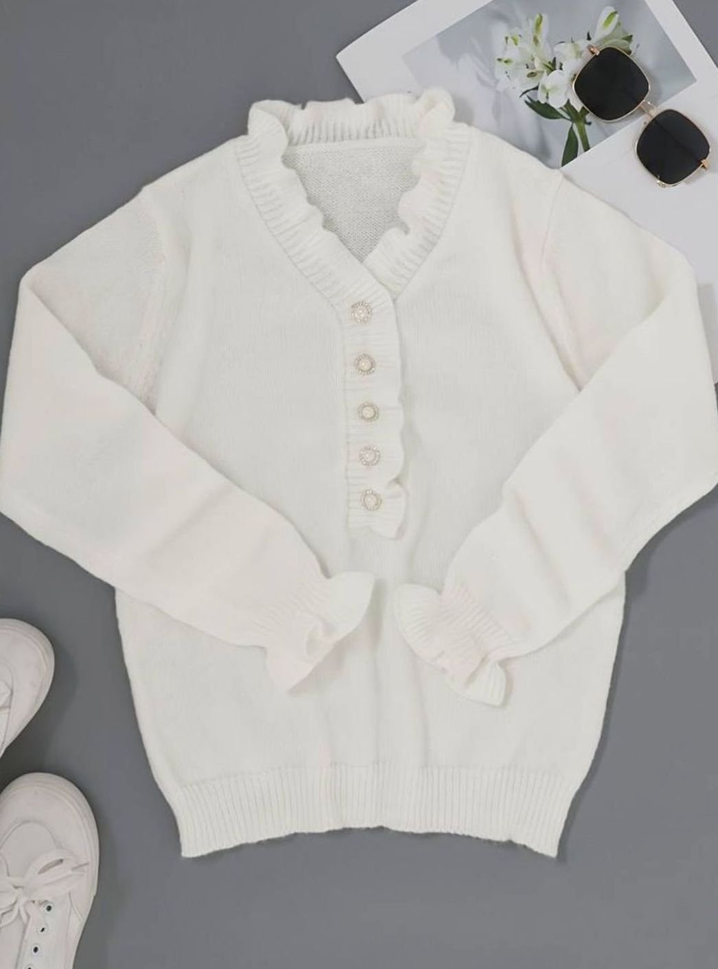 Women's Frilly Ruffle Blouse Long-Sleeve V-Neck Decorative Button Top