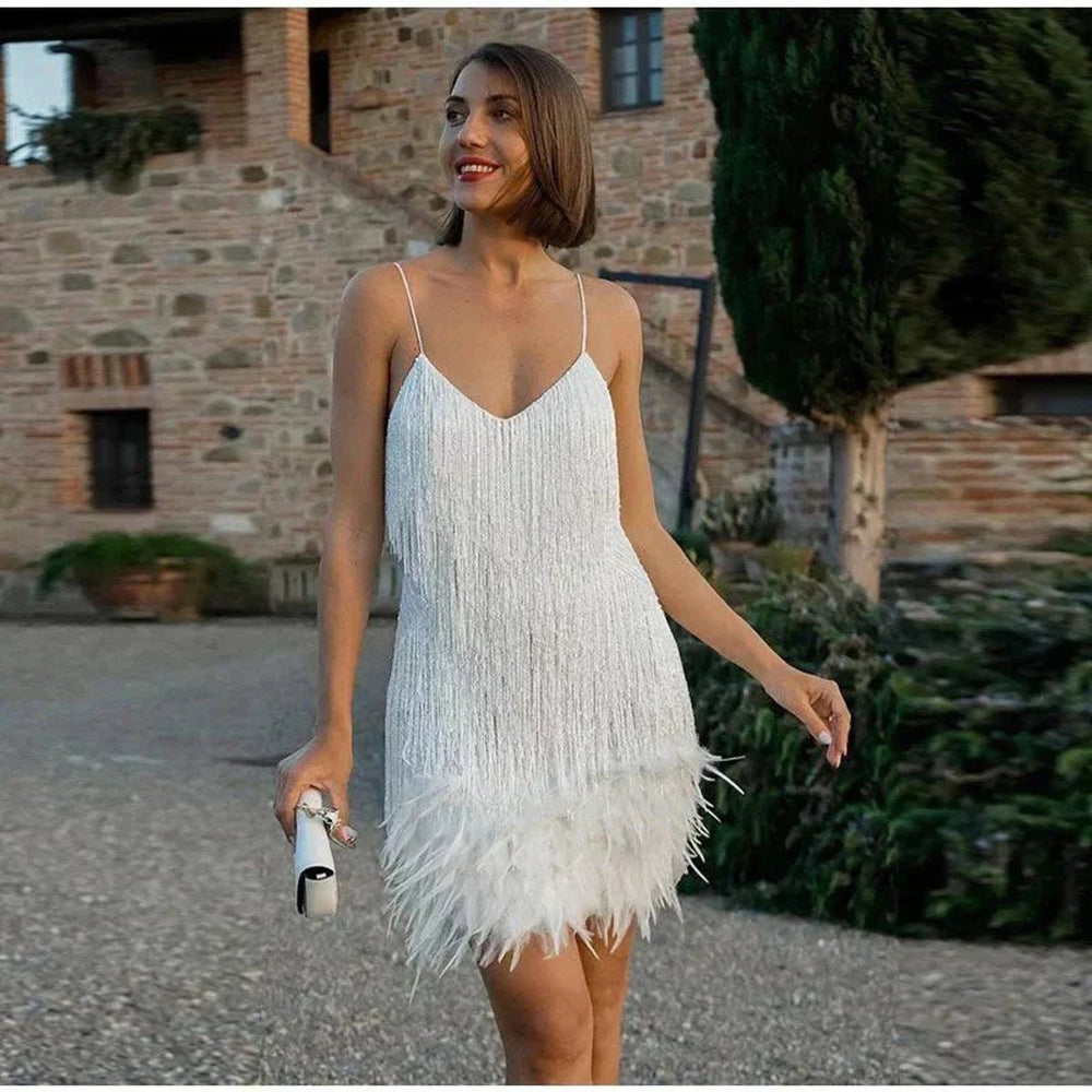 Women's Fringe Feather-Trim Spaghetti-Strap Mini Cocktail Dress