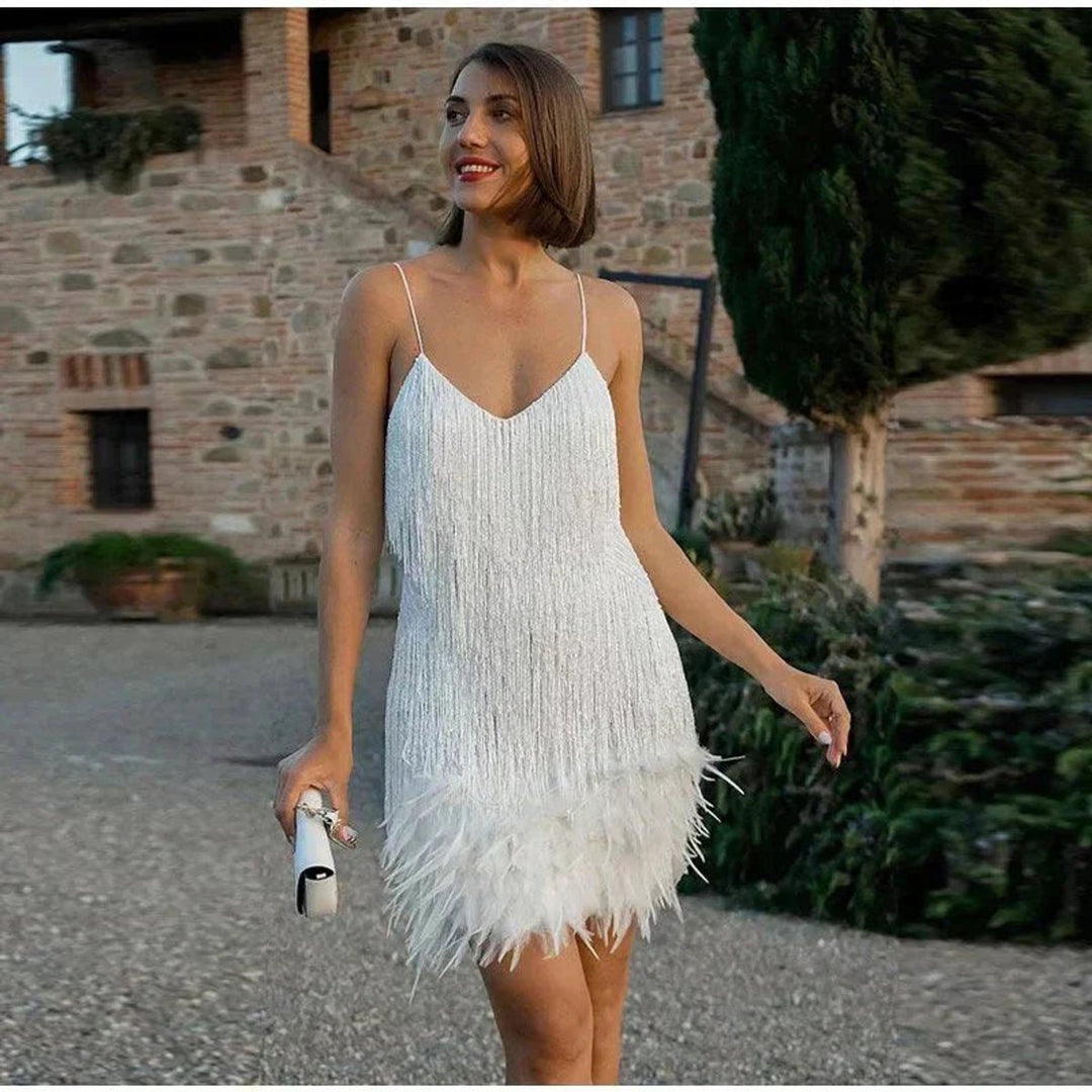 Women's Fringe Feather-Trim Spaghetti-Strap Mini Cocktail Dress