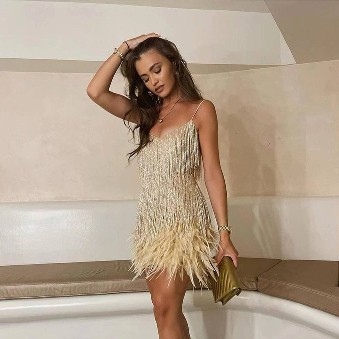 Women's Fringe Feather-Trim Spaghetti-Strap Mini Cocktail Dress - Gold