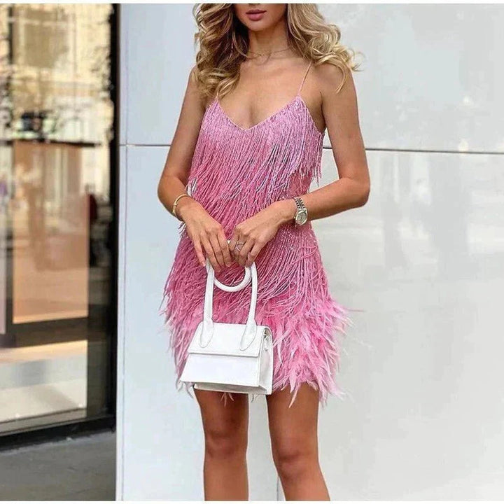 Women's Fringe Feather-Trim Spaghetti-Strap Mini Cocktail Dress - Pink