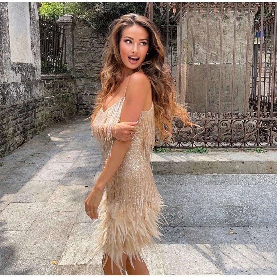 Women's Fringe Feather-Trim Spaghetti-Strap Mini Cocktail Dress