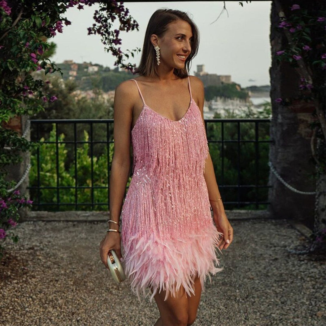 Women's Fringe Feather-Trim Spaghetti-Strap Mini Cocktail Dress