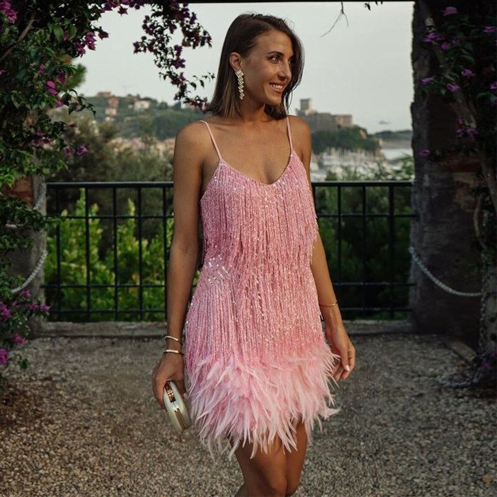 Women's Fringe Feather-Trim Spaghetti-Strap Mini Cocktail Dress