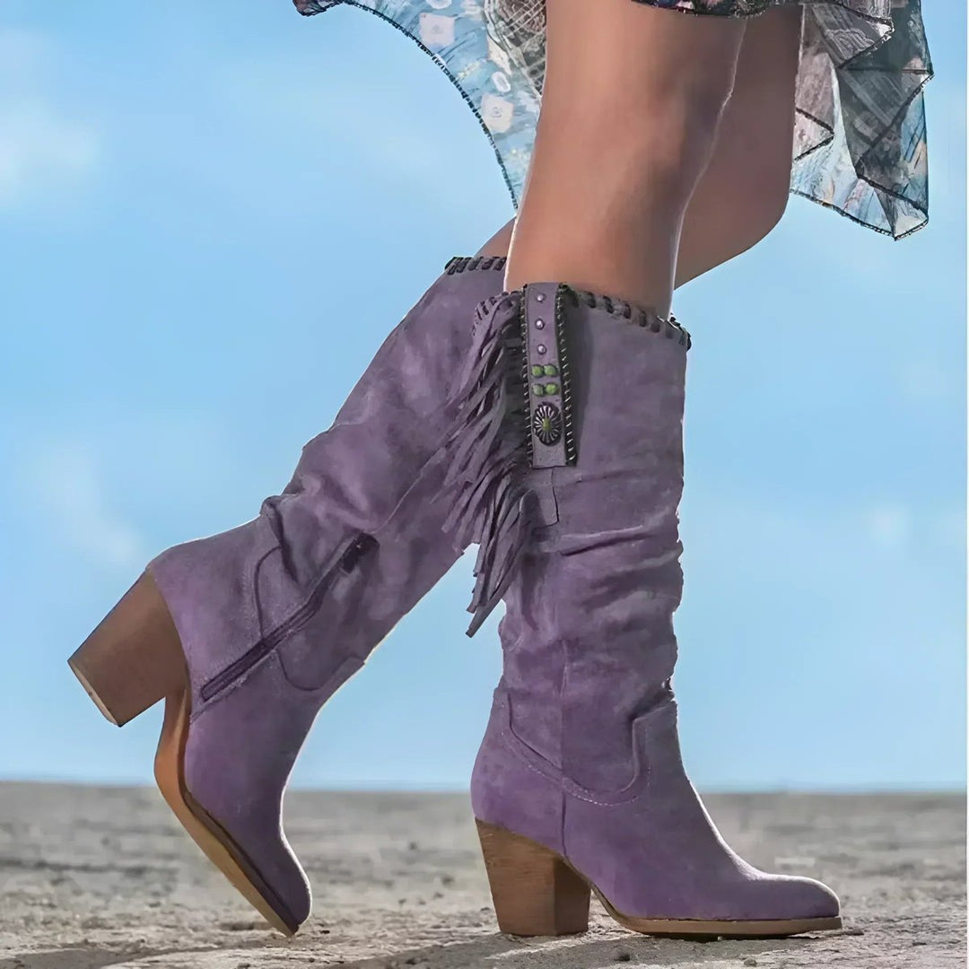 Women's Fringe Suede Western Knee High Boots Turquoise Concho - Purple