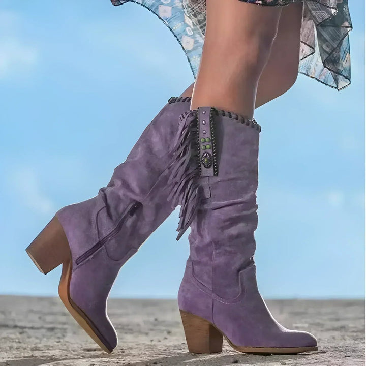 Women's Fringe Suede Western Knee High Boots Turquoise Concho - Purple