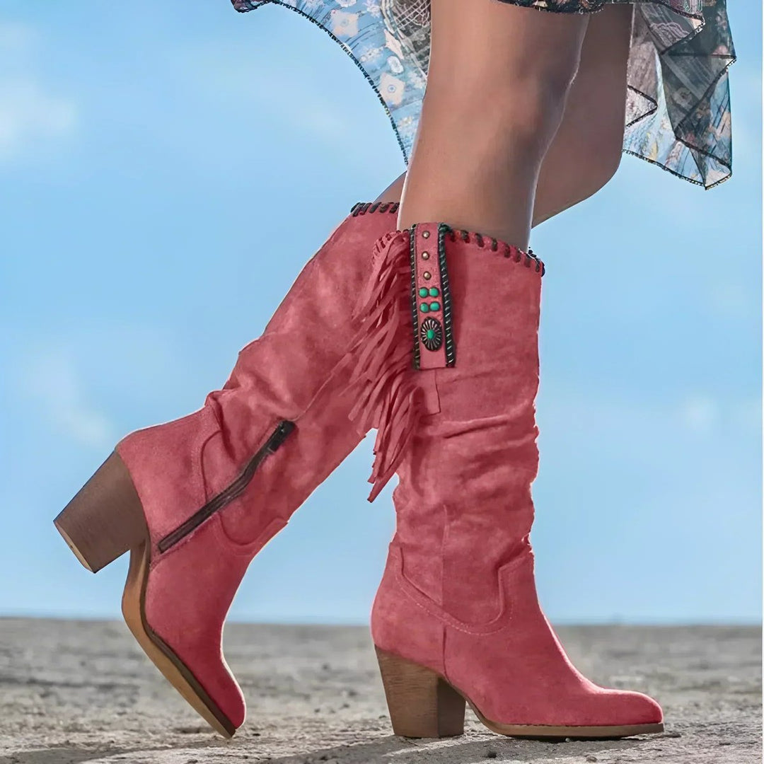 Women's Fringe Suede Western Knee High Boots Turquoise Concho - Red