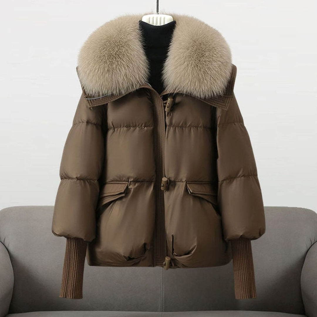 Women's Fur-Collar Padded Puffer Winter Jacket - Brown