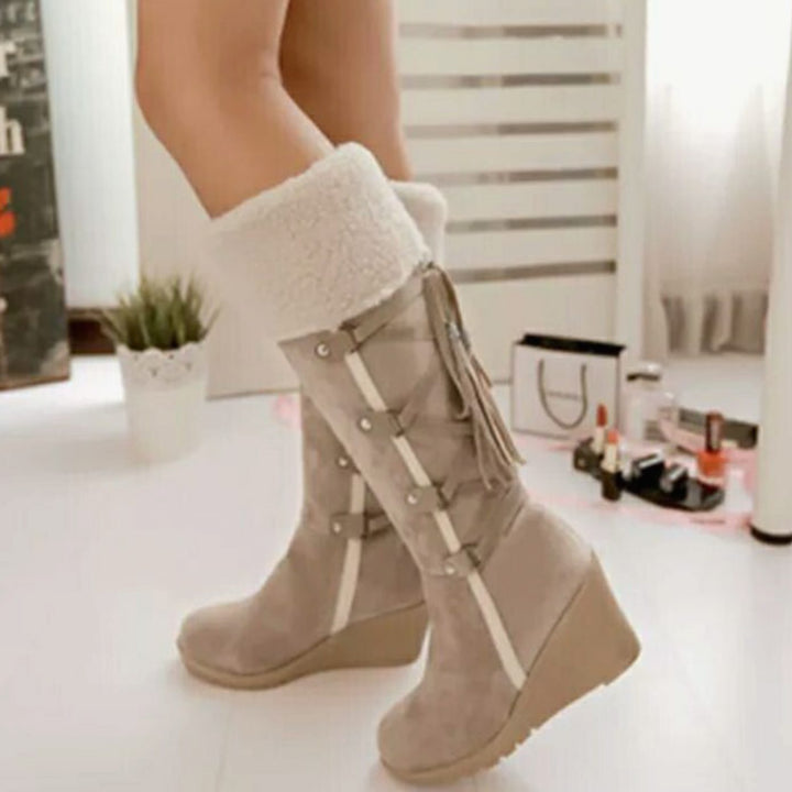Women's Fur-Trim Wedge Knee-High Winter Boots - Beige