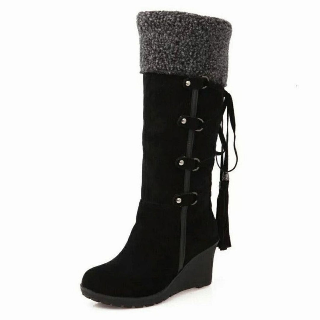 Women's Fur-Trim Wedge Knee-High Winter Boots - Black
