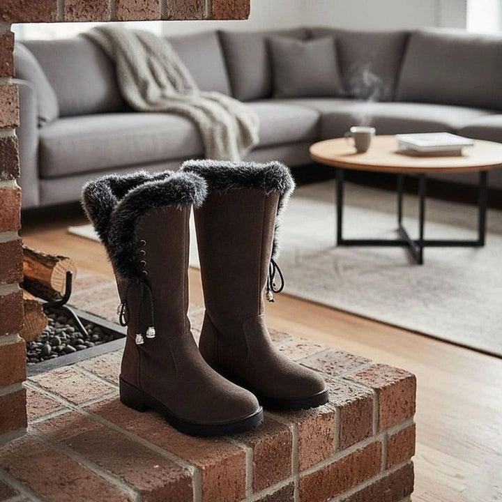 Women's Fur-Trimmed Knee-High Winter Snow Boots - Dark Brown