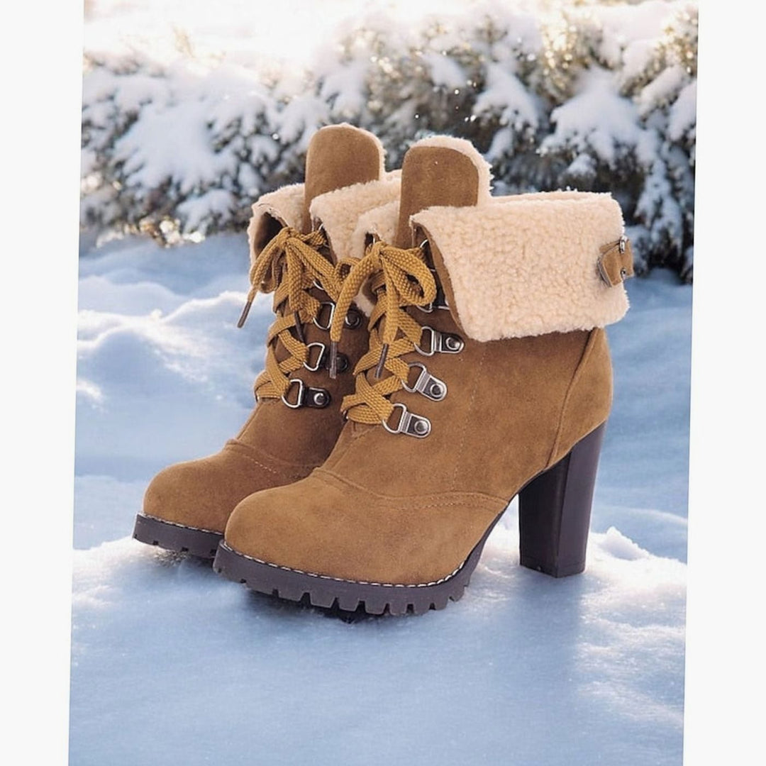 Women's Fur-Trimmed Lace-Up Heeled Snow Boots - Tan