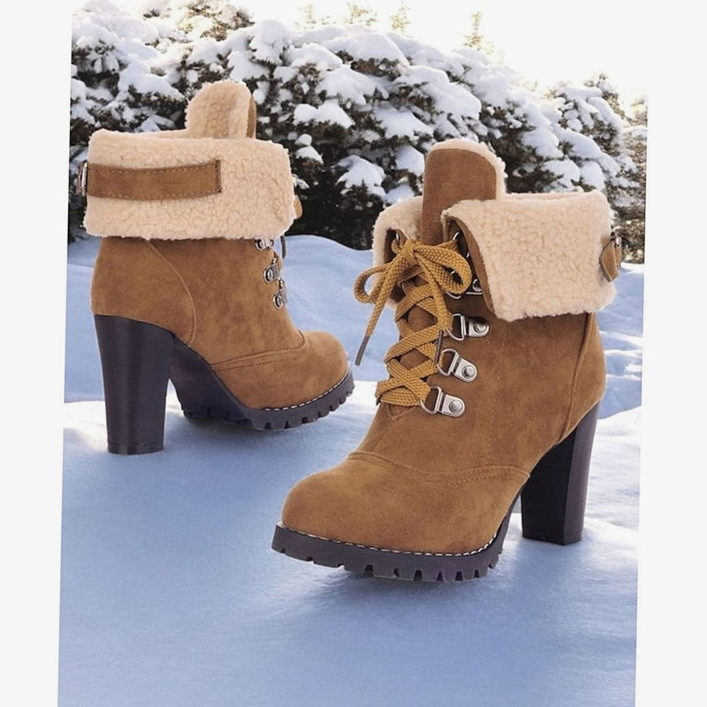 Women's Fur-Trimmed Lace-Up Heeled Snow Boots