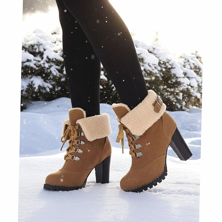 Women's Fur-Trimmed Lace-Up Heeled Snow Boots