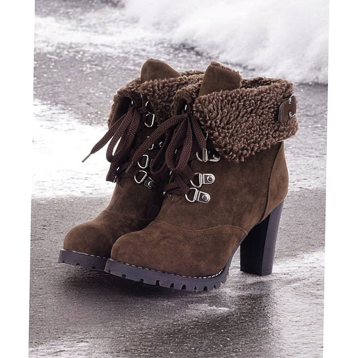 Women's Fur-Trimmed Lace-Up Heeled Snow Boots - Dark Brown