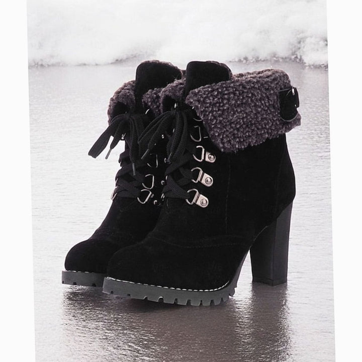 Women's Fur-Trimmed Lace-Up Heeled Snow Boots - Black