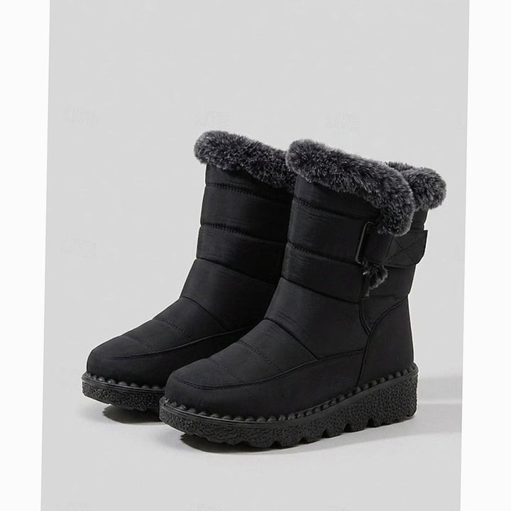 Women's Fur-Trimmed Slip-On Winter Snow Boots, Black - Black