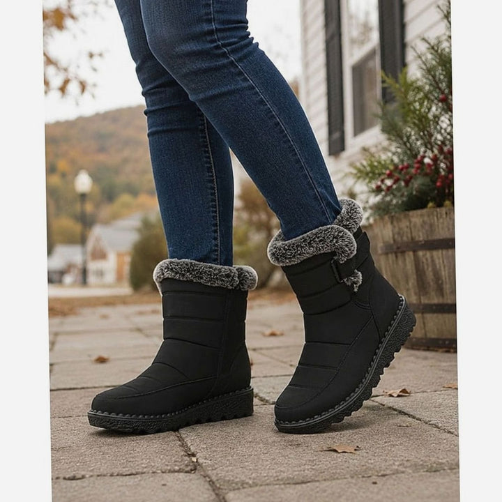 Women's Fur-Trimmed Slip-On Winter Snow Boots, Black