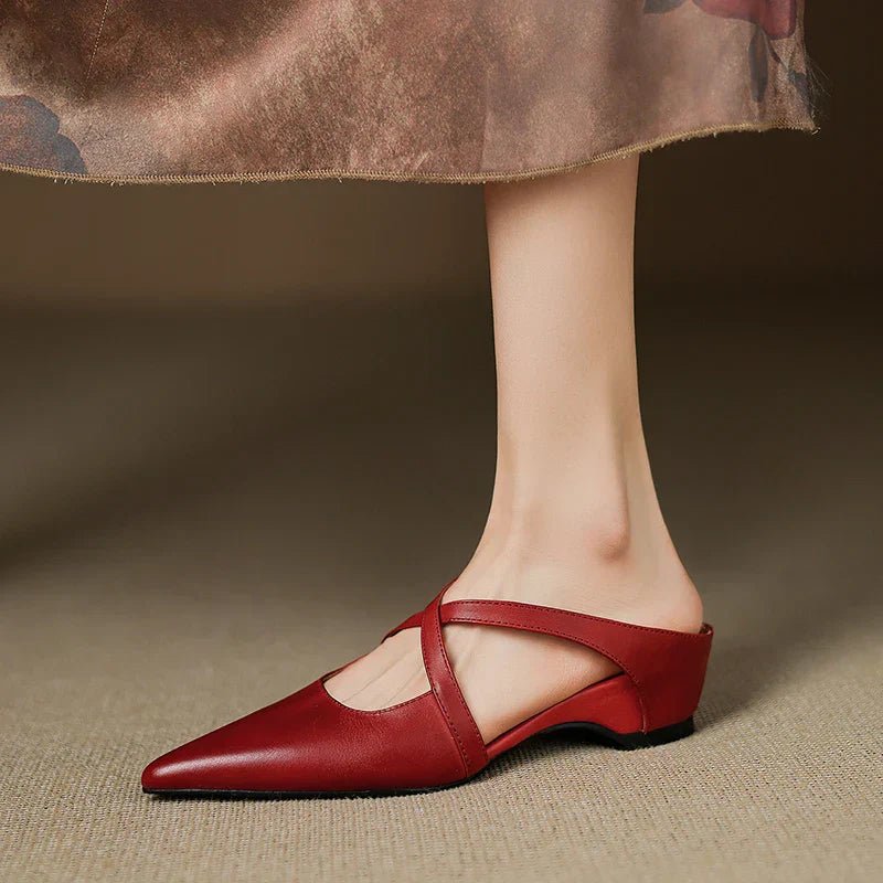 Women's Genuine Leather Pointed-Toe Cross-Strap Mule Flats - Red