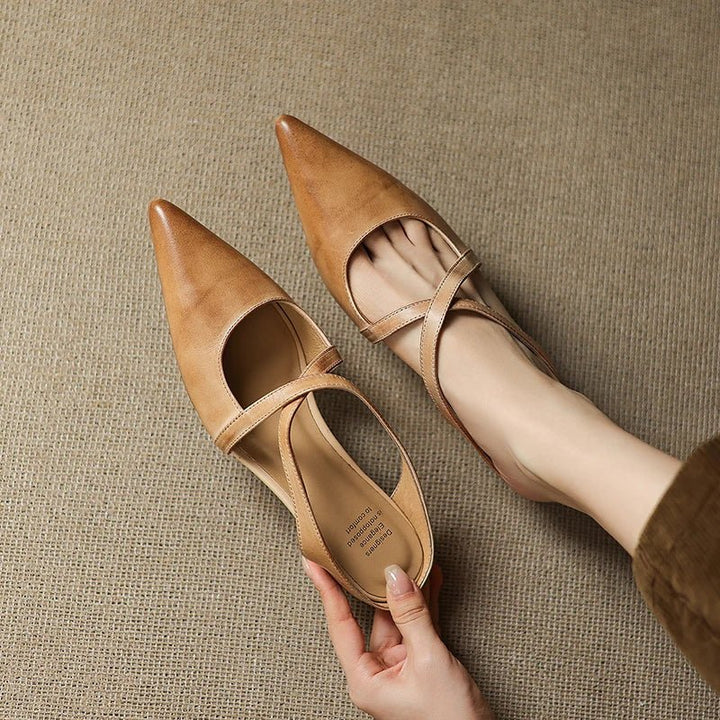 Women's Genuine Leather Pointed-Toe Cross-Strap Mule Flats