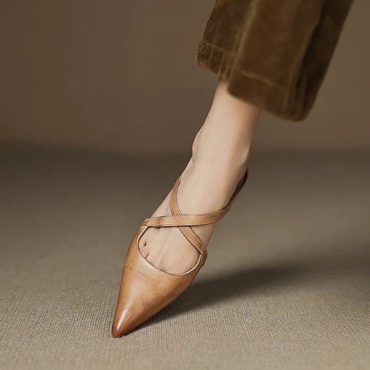 Women's Genuine Leather Pointed-Toe Cross-Strap Mule Flats