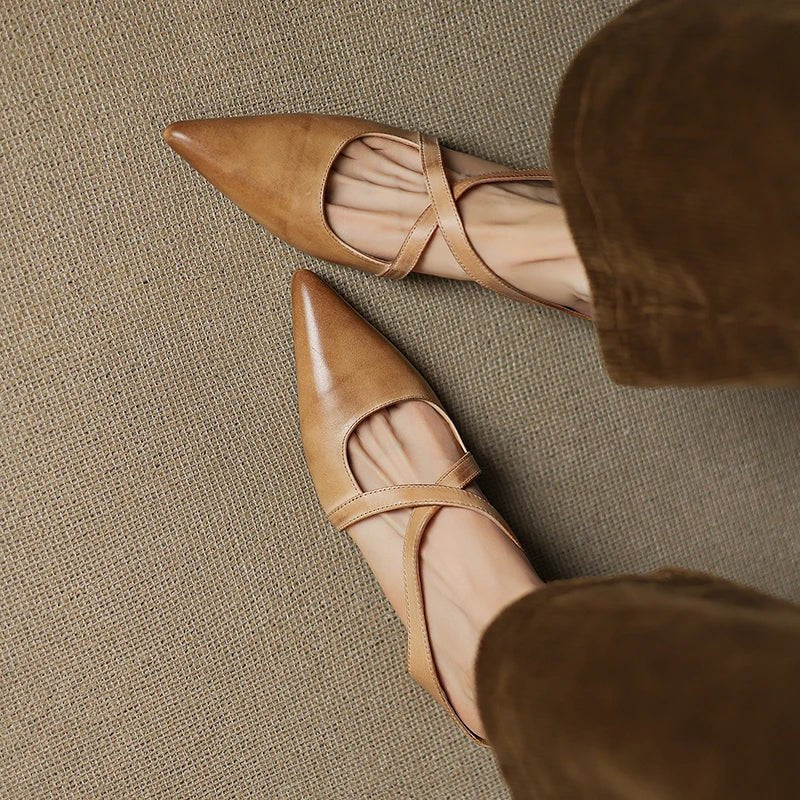 Women's Genuine Leather Pointed-Toe Cross-Strap Mule Flats