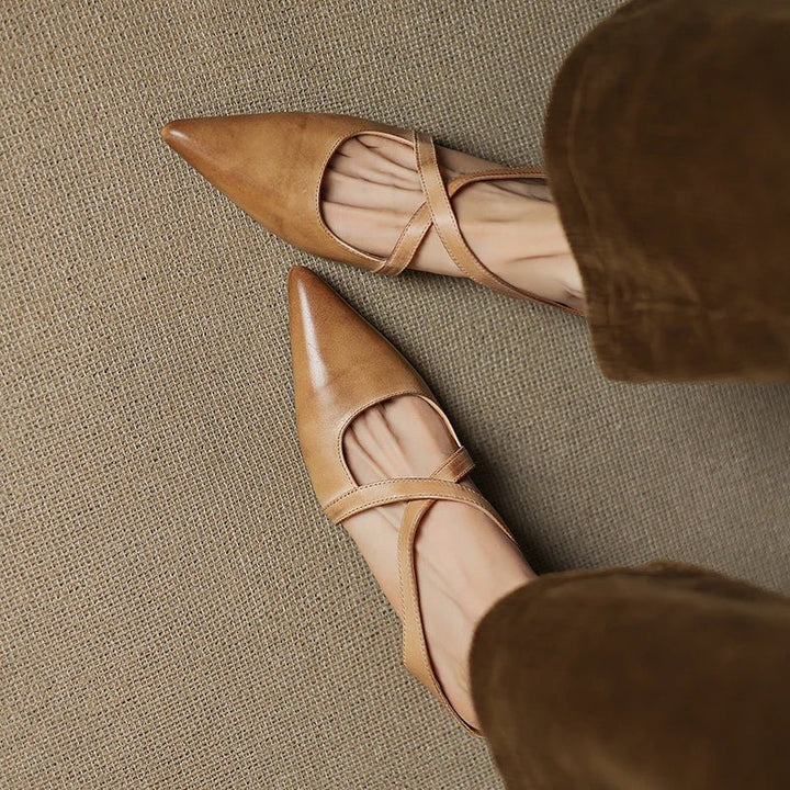 Women's Genuine Leather Pointed-Toe Cross-Strap Mule Flats