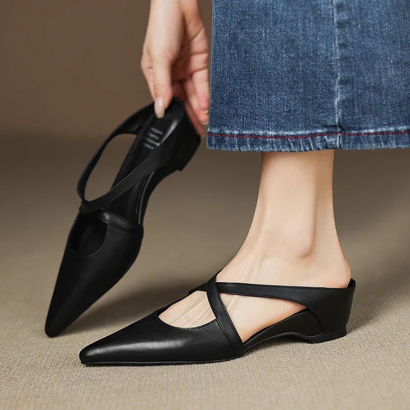 Women's Genuine Leather Pointed-Toe Cross-Strap Mule Flats - Black