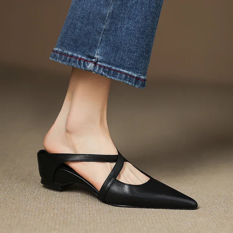 Women's Genuine Leather Pointed-Toe Cross-Strap Mule Flats