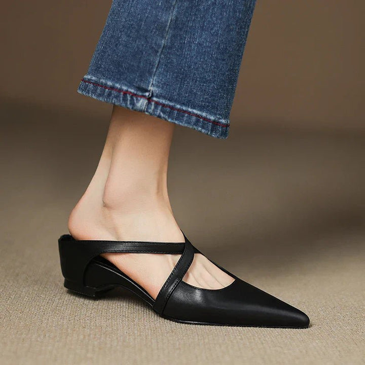 Women's Genuine Leather Pointed-Toe Cross-Strap Mule Flats