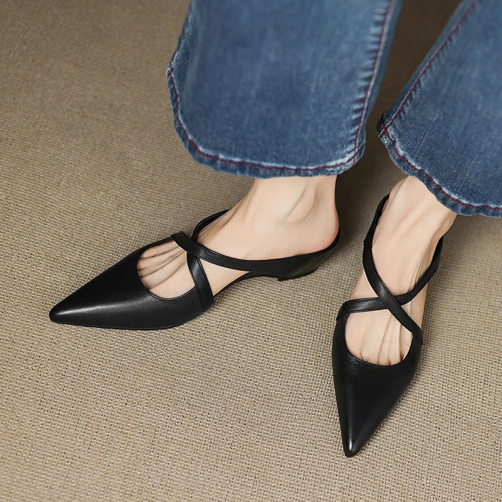 Women's Genuine Leather Pointed-Toe Cross-Strap Mule Flats