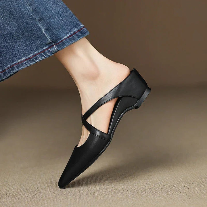 Women's Genuine Leather Pointed-Toe Cross-Strap Mule Flats
