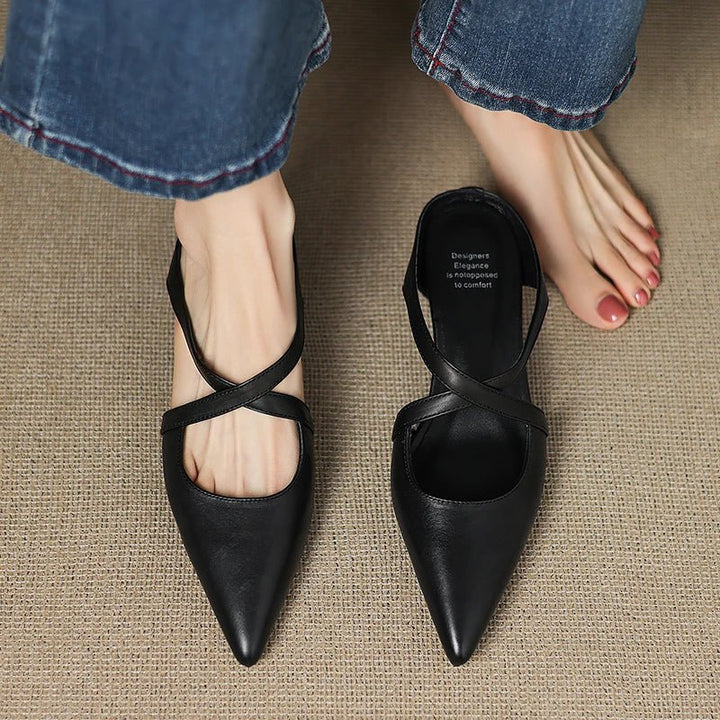 Women's Genuine Leather Pointed-Toe Cross-Strap Mule Flats