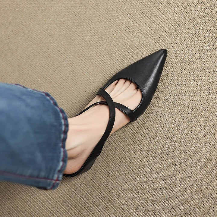 Women's Genuine Leather Pointed-Toe Cross-Strap Mule Flats
