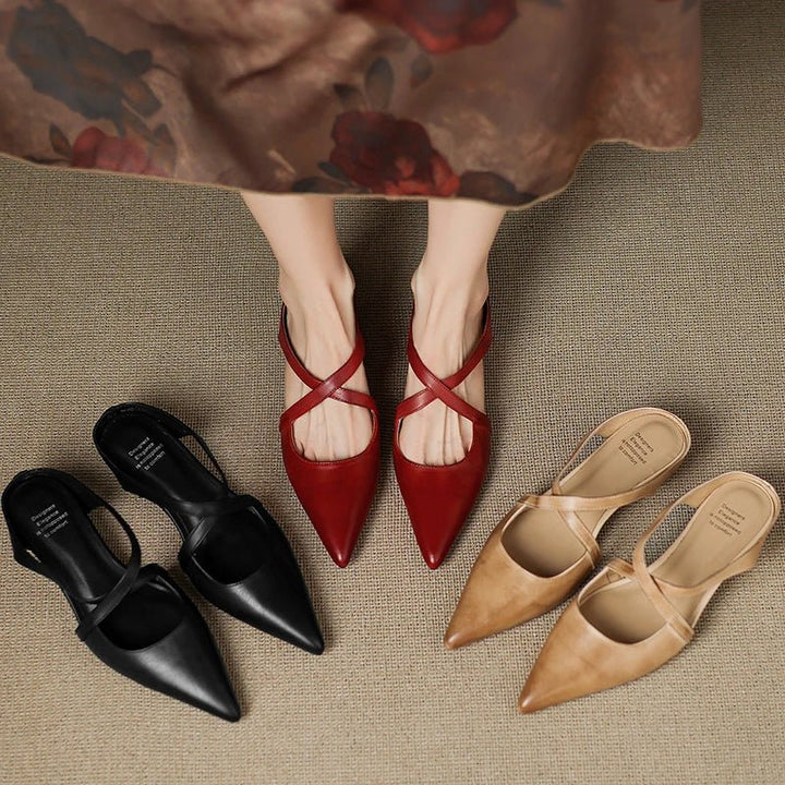 Women's Genuine Leather Pointed-Toe Cross-Strap Mule Flats