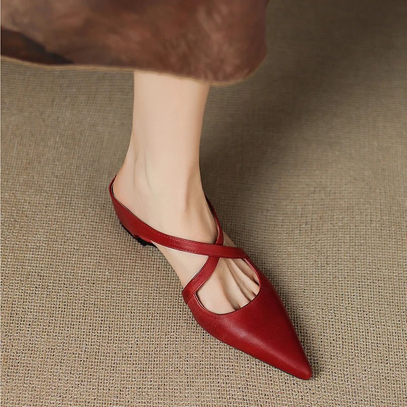 Women's Genuine Leather Pointed-Toe Cross-Strap Mule Flats