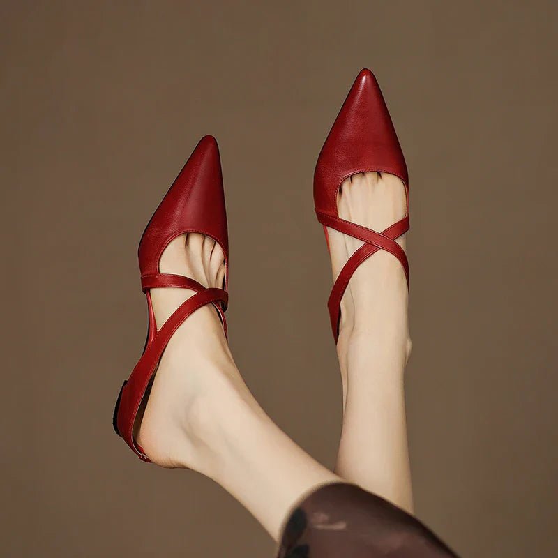 Women's Genuine Leather Pointed-Toe Cross-Strap Mule Flats