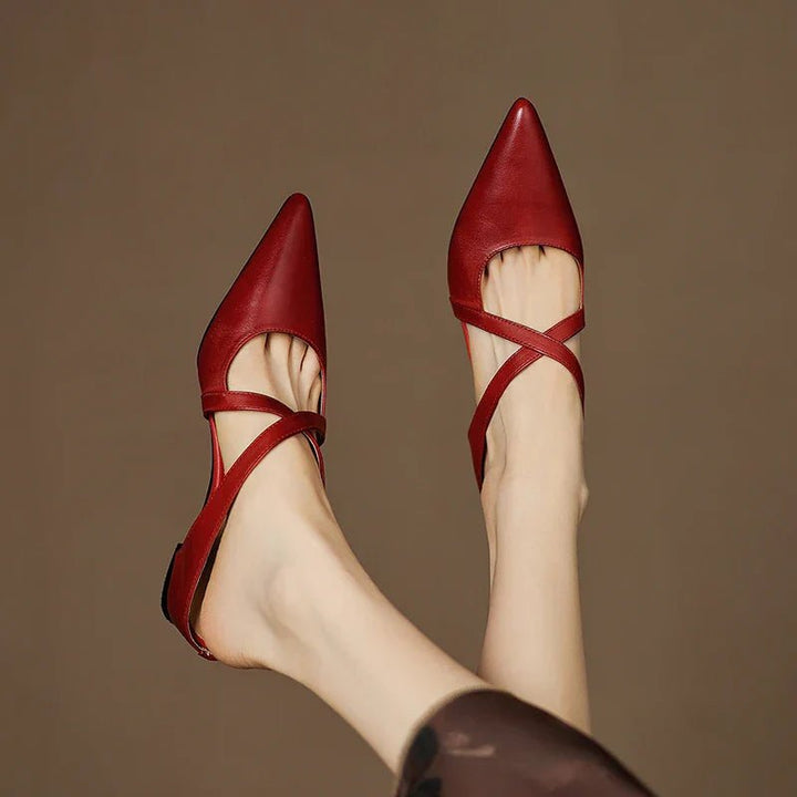 Women's Genuine Leather Pointed-Toe Cross-Strap Mule Flats