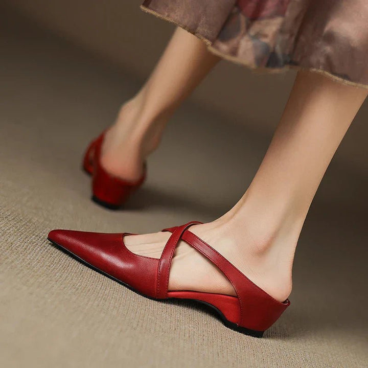 Women's Genuine Leather Pointed-Toe Cross-Strap Mule Flats