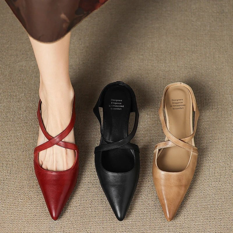 Women's Genuine Leather Pointed-Toe Cross-Strap Mule Flats
