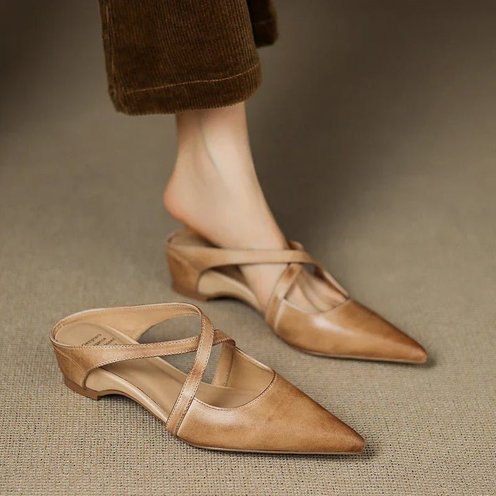 Women's Genuine Leather Pointed-Toe Cross-Strap Mule Flats - Apricot