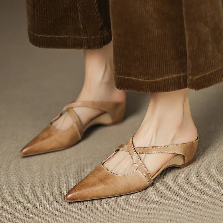 Women's Genuine Leather Pointed-Toe Cross-Strap Mule Flats