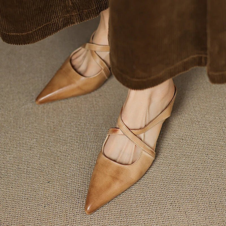 Women's Genuine Leather Pointed-Toe Cross-Strap Mule Flats
