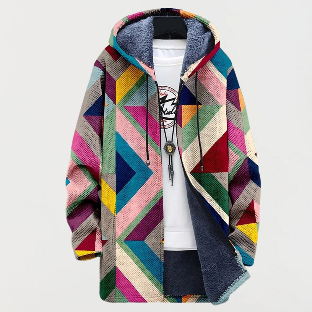 Women's Geometric Print Fleece-Lined Hooded Sweater Jacket