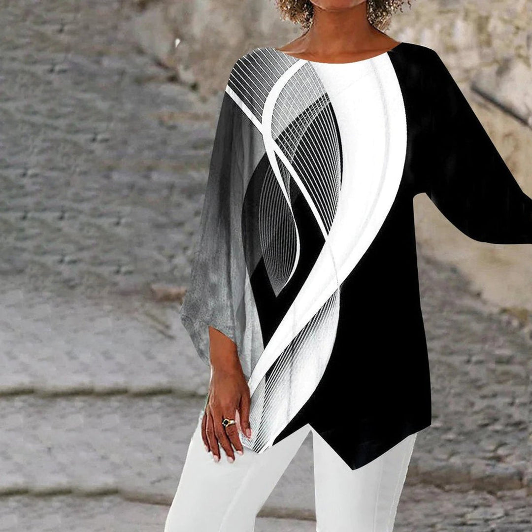Women's Geometric Print Long Sleeve Asymmetric Hem Tunic - Schwarz und weiß