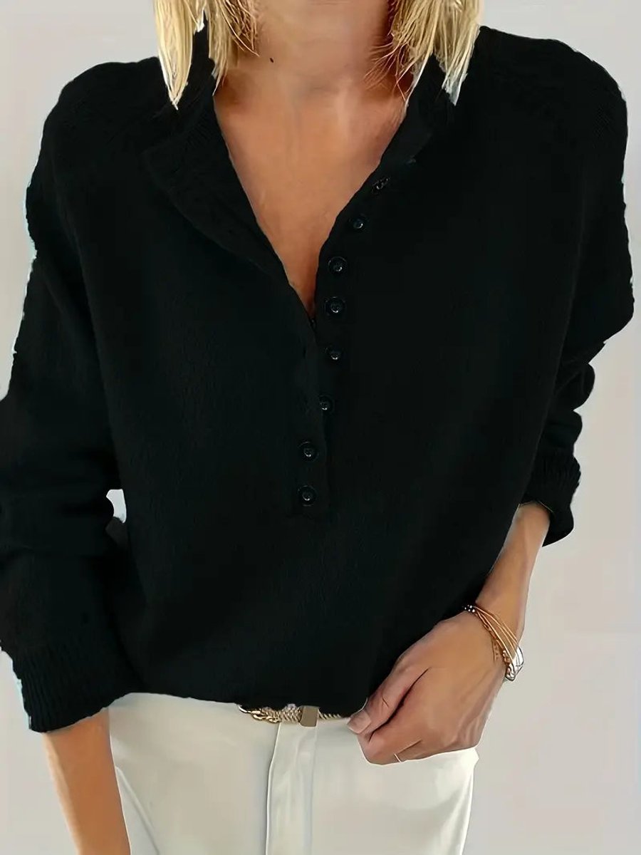 Women's Half-Button V-Neck Pullover Knit Sweater - Black