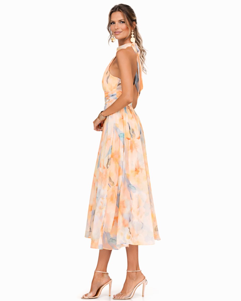 Women's Halter Neck Floral Chiffon Midi Dress
