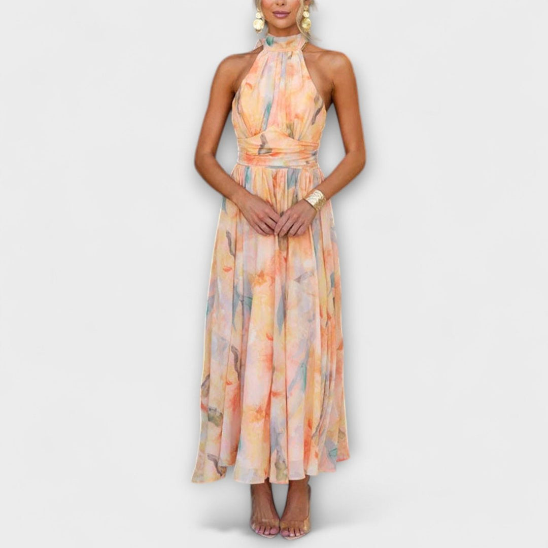 Women's Halter Neck Watercolor Print Cocktail Party Dress Maxi