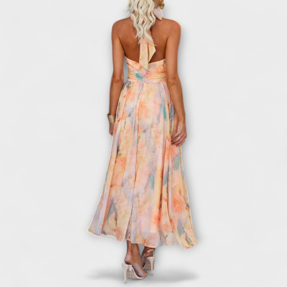 Women's Halter Neck Watercolor Print Cocktail Party Dress Maxi
