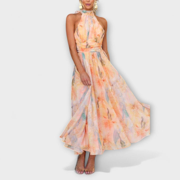Women's Halter Neck Watercolor Print Cocktail Party Dress Maxi